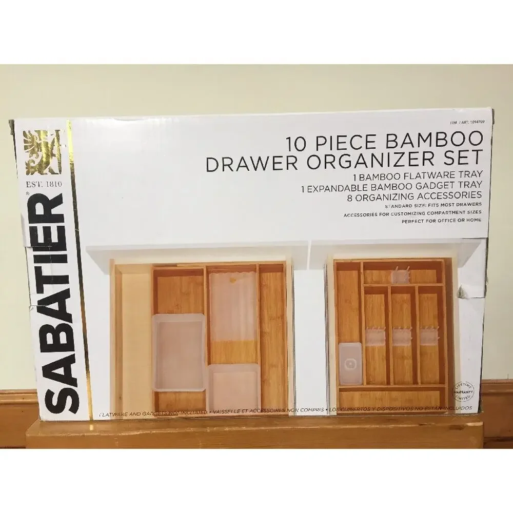 Sabatier 10 Piece Bamboo Flatware Drawer Organizer Expandable Gadget Tray NIB